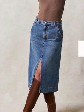 FREE PEOPLE Blue Denim Midi Skirt with Front Slit